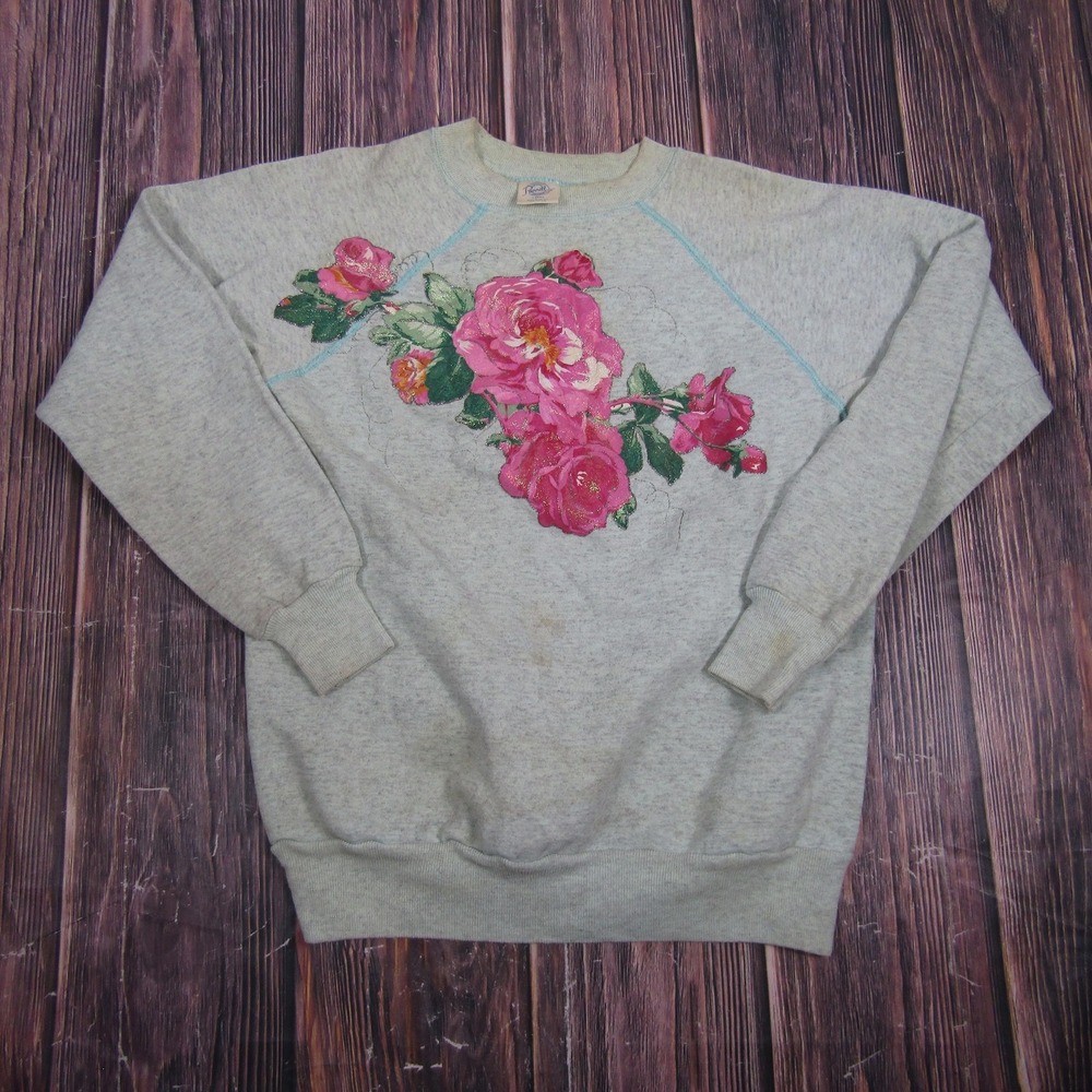 Vintage Pannill Womens Large Gray Rose Floral Graphic Crewneck Sweatshirt